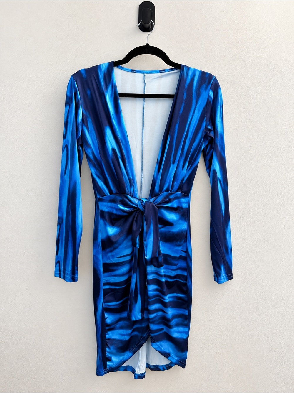 Blue Tie-Front Long Sleeve V-Neck Dress